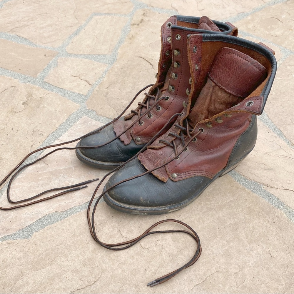 Vintage Western Lace-up Roper Leather Boots - Red & Black - Mens 8 / Womens 10